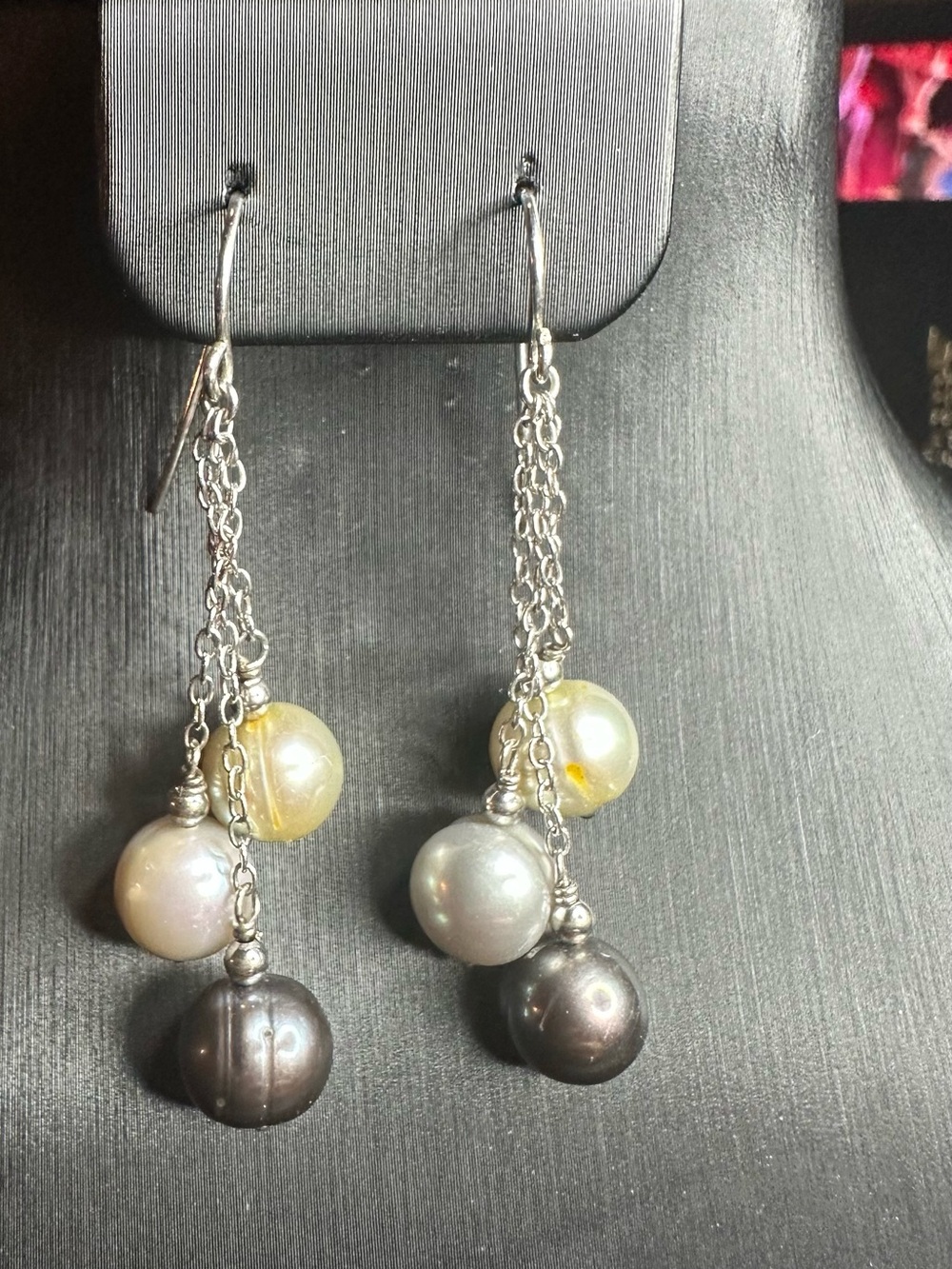 Triple Pearl Drop Earrings in Silver with Cream and Gray Pearls
